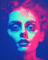 uma mulher com azul e Rosa Maquiagem em dela face generativo ai foto