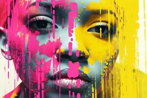 uma mulher com colorida pintura respingos em dela face generativo ai foto