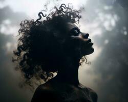 uma mulher com encaracolado cabelo e fumaça chegando Fora do dela boca generativo ai foto