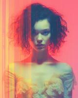 uma mulher com encaracolado cabelo dentro frente do uma colorida fundo generativo ai foto