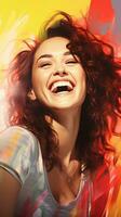 uma mulher com encaracolado cabelo é rindo e sorridente generativo ai foto