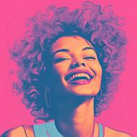 uma mulher com encaracolado cabelo é sorridente dentro uma pop arte estilo generativo ai foto
