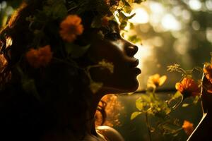 uma mulher com flores dentro dela cabelo e uma pôr do sol dentro a fundo generativo ai foto