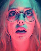 uma mulher com óculos e vermelho e azul pintura em dela face generativo ai foto