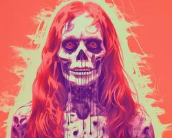 uma mulher com grandes vermelho cabelo e uma esqueleto face generativo ai foto