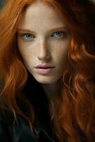 uma mulher com grandes vermelho cabelo e sardas generativo ai foto