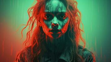 uma mulher com vermelho e verde Maquiagem em dela face generativo ai foto