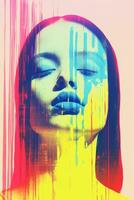 uma mulher face é pintado com colorida pintura generativo ai foto