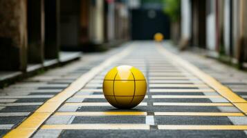 uma amarelo bola sentado em a lado do uma rua generativo ai foto