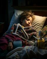 uma jovem criança deitado dentro uma cama generativo ai foto