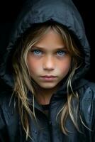 uma jovem menina dentro uma Preto Jaqueta com chuva gotas em dela face generativo ai foto