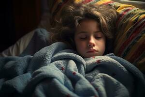 uma jovem menina é dormindo dentro cama com dela olhos fechadas generativo ai foto