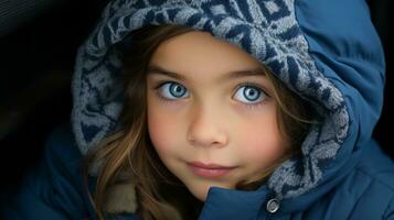 uma jovem menina com azul olhos dentro uma casaco generativo ai foto