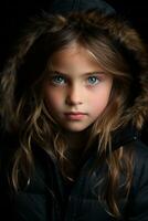 uma jovem menina com azul olhos vestindo uma Preto Jaqueta generativo ai foto