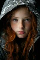 uma jovem menina com vermelho cabelo e verde olhos generativo ai foto