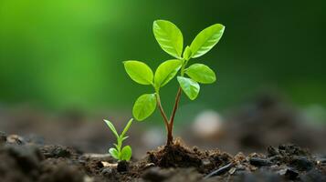 uma jovem plantar brotando a partir de a solo dentro frente do uma verde fundo generativo ai foto