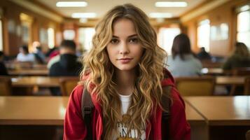 uma jovem mulher dentro uma vermelho Jaqueta sentado dentro uma Sala de aula generativo ai foto