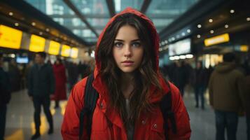 uma jovem mulher dentro uma vermelho Jaqueta em pé dentro a aeroporto generativo ai foto
