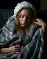 uma jovem mulher é embrulhado dentro uma cobertor generativo ai foto
