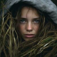 uma jovem mulher com azul olhos é se escondendo dentro a alta Relva generativo ai foto