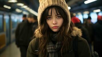 uma jovem mulher com grandes cabelo e uma gorro em pé dentro uma metrô estação generativo ai foto