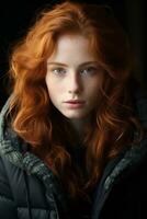 uma jovem mulher com vermelho cabelo e azul olhos generativo ai foto