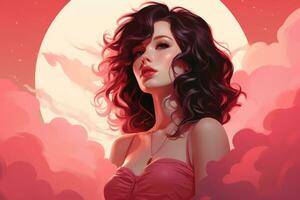 a ilustração do uma mulher dentro uma Rosa vestir com nuvens dentro a fundo generativo ai foto