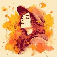 a ilustração do uma mulher com uma chapéu e outono folhas generativo ai foto
