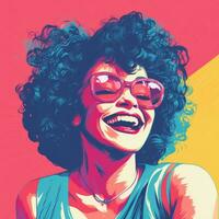 a ilustração do uma mulher com encaracolado cabelo e oculos de sol generativo ai foto