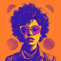 a ilustração do uma mulher com encaracolado cabelo e oculos de sol em a laranja fundo generativo ai foto