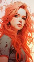 a ilustração do uma mulher com grandes vermelho cabelo generativo ai foto