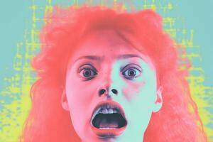 a imagem do uma mulher com vermelho cabelo e a aberto boca generativo ai foto