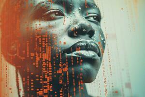 a imagem do a africano americano mulher dentro frente do uma binário código generativo ai foto