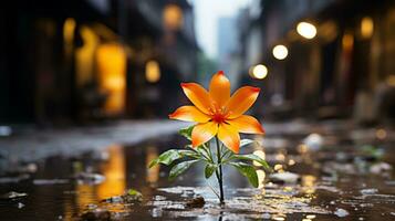 a laranja flor é em pé dentro a meio do uma poça generativo ai foto