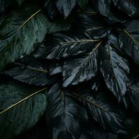 Preto folhas com água gotas em eles generativo ai foto