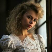 retrato do uma lindo jovem mulher dentro uma branco vestir de a janela generativo ai foto
