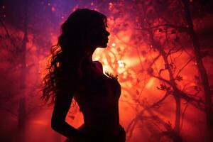 silhueta do uma mulher dentro uma floresta às noite generativo ai foto