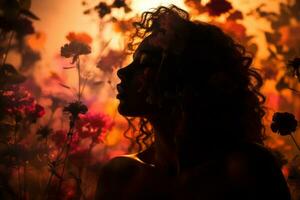 silhueta do uma mulher dentro uma campo do flores generativo ai foto