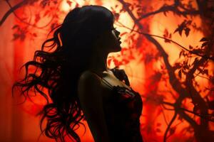 silhueta do uma mulher com grandes cabelo dentro frente do uma vermelho fundo generativo ai foto