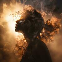 a silhueta do uma mulher com fumaça chegando Fora do dela cabelo generativo ai foto
