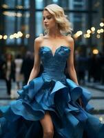 uma lindo Loiras mulher dentro uma azul vestir generativo ai foto