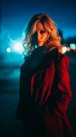 uma lindo Loiras mulher dentro uma vermelho casaco em pé em uma rua às noite generativo ai foto