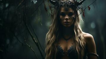 uma lindo mulher dentro uma floresta com chifres em dela cabeça generativo ai foto