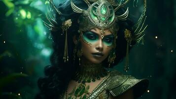 uma lindo mulher dentro uma verde e ouro traje generativo ai foto