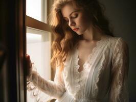uma lindo mulher dentro uma branco vestir olhando Fora a janela generativo ai foto