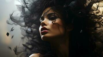 uma lindo mulher com Preto cabelo e uma flor dentro dela cabelo generativo ai foto