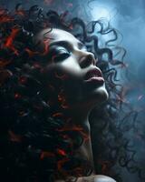 uma lindo mulher com vermelho cabelo e fumaça chegando Fora do dela cabelo generativo ai foto