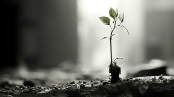 uma Preto e branco foto do uma plantar crescendo Fora do a terra generativo ai