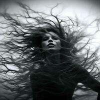 uma Preto e branco foto do uma mulher com grandes cabelo sopro dentro a vento generativo ai