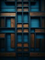 uma azul parede com de madeira prateleiras e prateleiras generativo ai foto